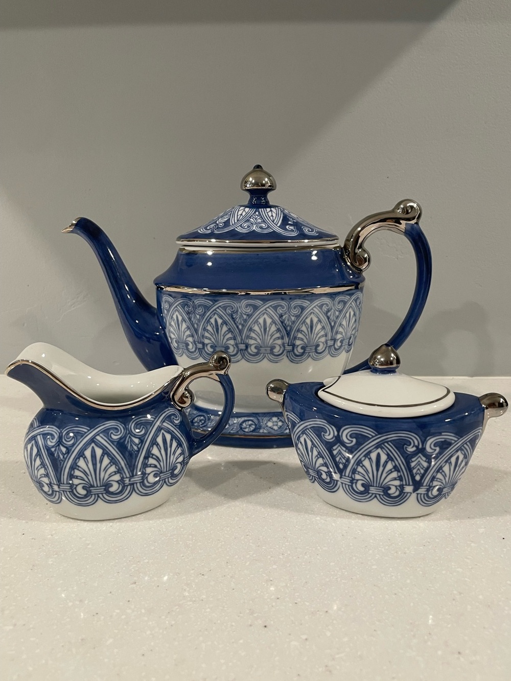 Bombay Blue & White Porcelain Tea Set – Teapot, Creamer & Lidded Sugar Bowl